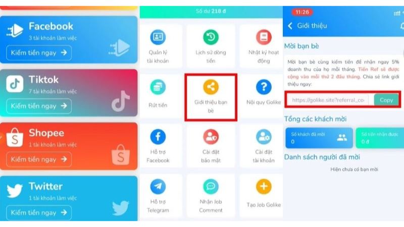 Mời bạn bè tham gia trong Golike APK
